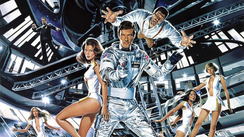 A detail from the movie poster of Moonraker showing James Bond in a silver spacesuit surrounded by ladies in skimpy low-cut white outfits on a space station, while Jaws (a villain with metal teeth) leaps onto him from above.