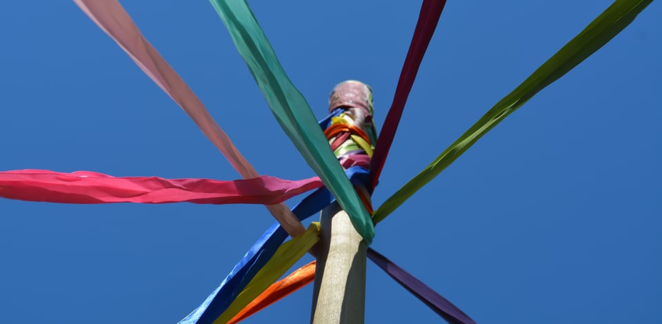 A view upward at a 45 degree angle of a Maypole. Fabric streamers in bright colors angle away in various directions. The sky behind is an even light blue.