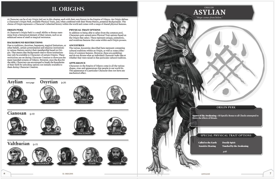 A black and white screencap of a page of the Crucible of Aether TTRPG depicts all four fantastical Origins in the game.