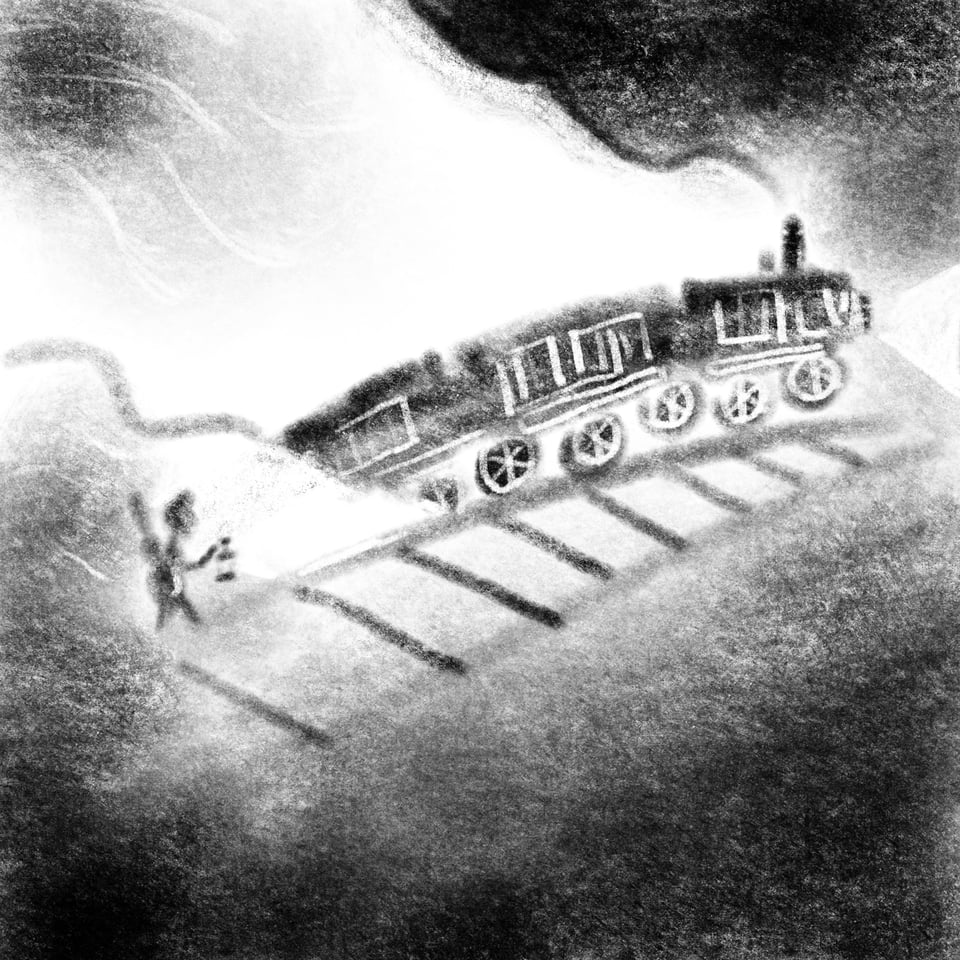 A charcoal drawing of a figure with a guitar on his back & a lantern in his hand, following a railroad track alongside a train through the dark.