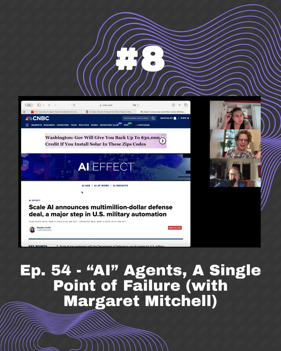 Graphic with a screen cap of the video from episode 54, showing photos of Hanna Bender, and Mitchell along the right edge and the artifact we are reacting to to the left: an article from CNBC with the headline "Scale AI announces multimillion-dollar denfense deal, a major step in U.S. military auotmation" below a banner that says "AI EFFECT". Above is text reading #8 and below is the episode title (same as in the image caption). All of this is against a dark grey patterned background with abstract purple shapes reminiscent of sea creatures.