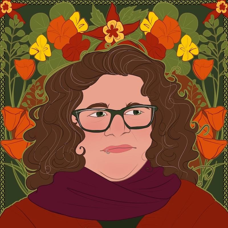 Art of s.e. smith by Michaela Oteri: a digitally illustrated portrait of smith, a white genderqueer person, wearing an orange top and burgundy scarf in front of a dark green background festooned with nasturtiums.