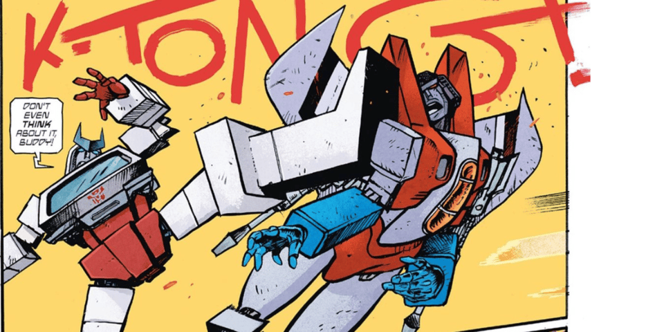 Ratchet kicks Starscream in the head.