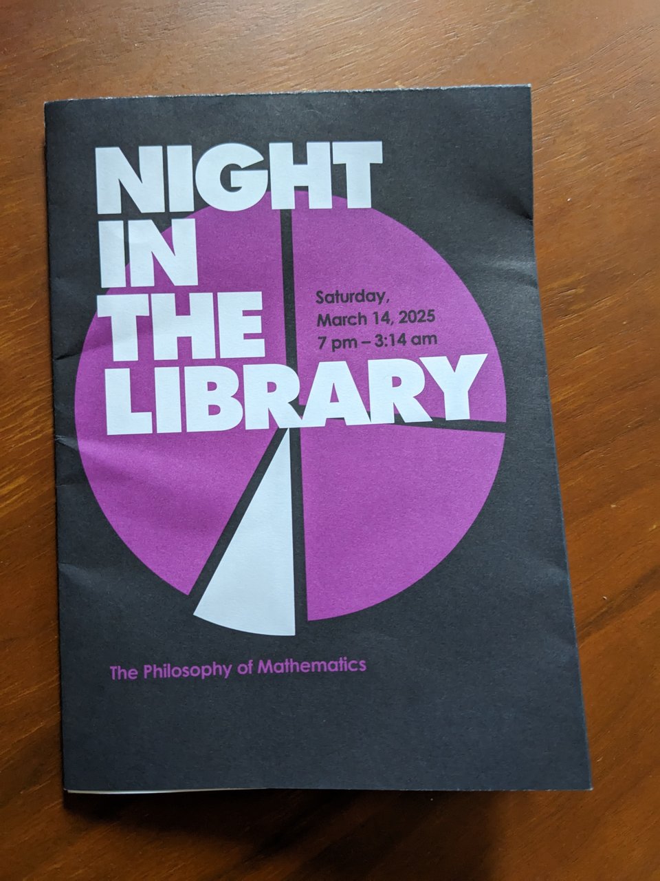image of a black, white, and purple pamphlet titled "Night in the Library: The Philosophy of Mathematics" for an event on 3/14/26 from 7pm-3:14am at the Brooklyn Public Library Central branch.