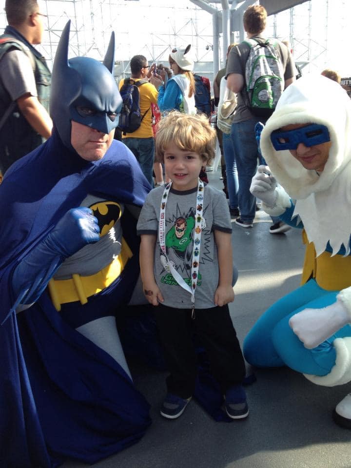 a little non-wolverine posing with batman and captain cold at new york comic con