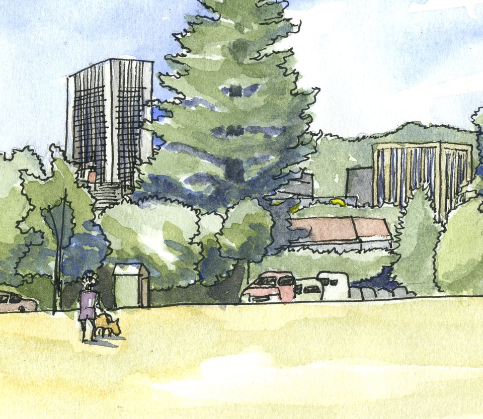 sketch of downtown Portland over a dry lawn
