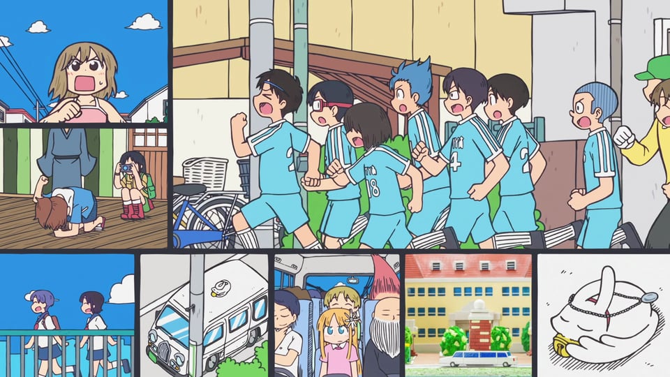 A shot from CITY: The Animation - split into 8 segments - three with characters running, one with a bus, one inside the same bus, another a zoom in on the roof of the bus, with a dog sleeping on top. Another segment shows a little diorama of a mansion and a limo parked in front.