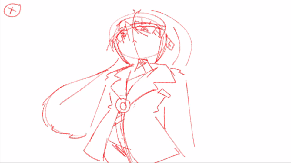 A digital sketch of a puzzle animation's first frame. Raelyn looks stoically down at the viewer.