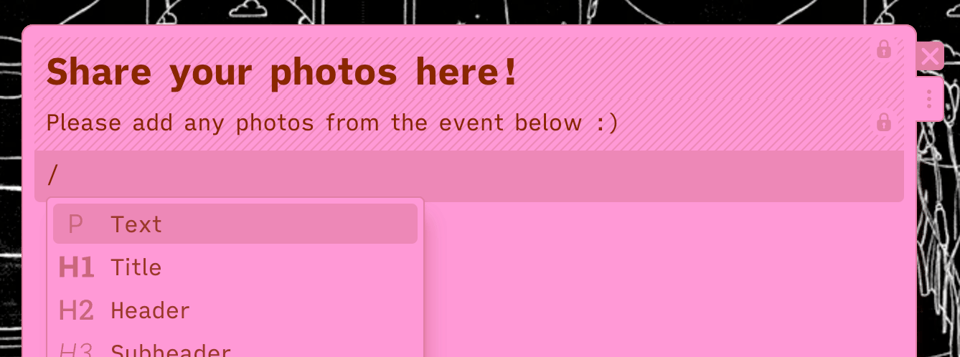 screenshot of a leaflet page that says "share your photos here" with title and description locked and empty editable block below