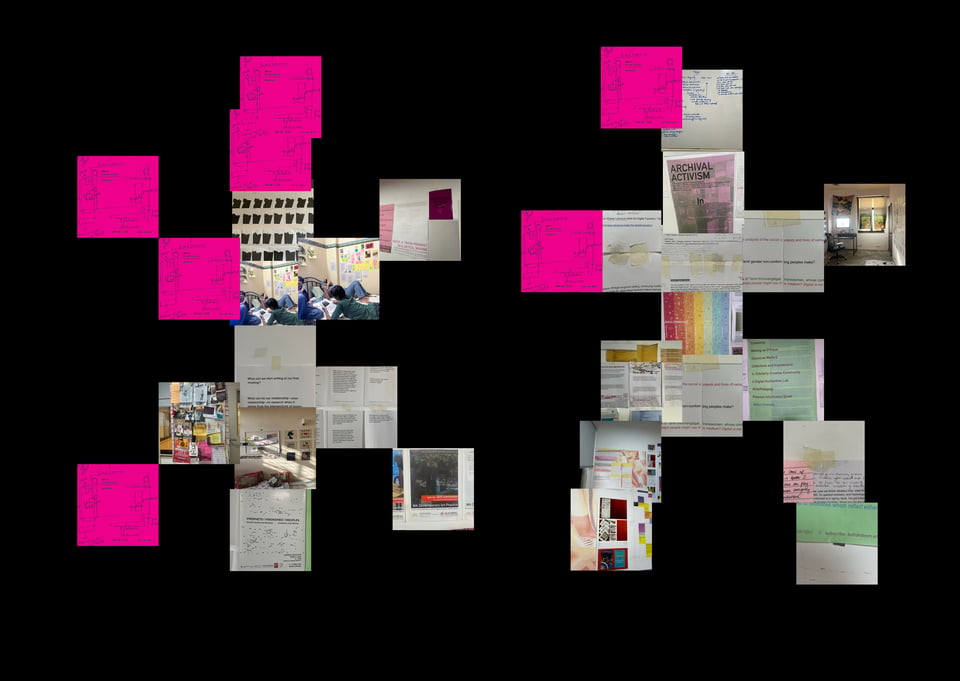 A collage of square images and pink post-it notes resembling two stick figures against a black background. The images cover moments spent in the lab and from Tash's recently concluded home show.