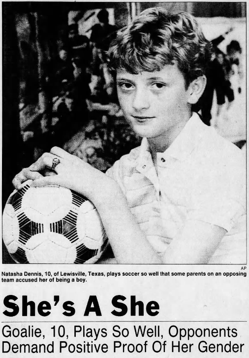 A newspaper clipping showing a 10 year old girl with short hair, holding a soccer ball. Beneath it the headline reads