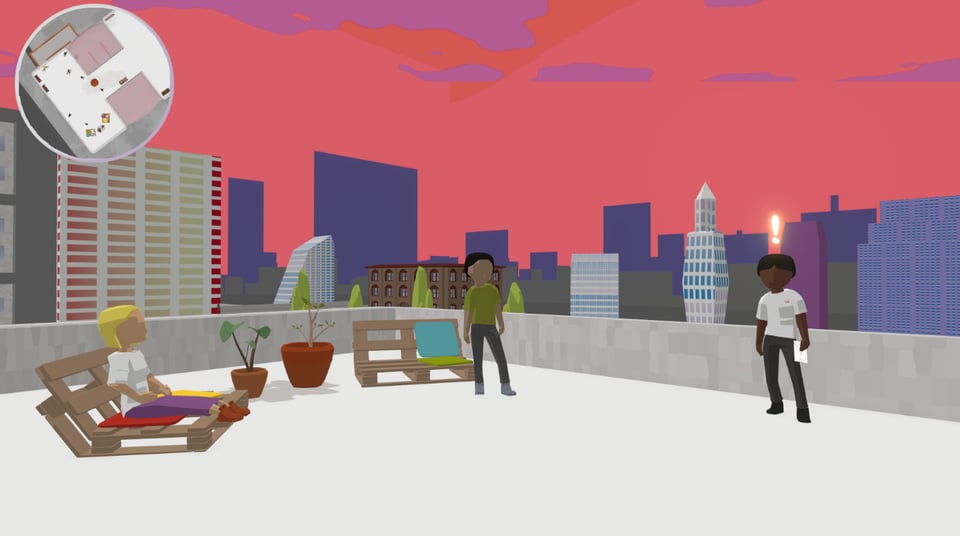3 characters stand on a videogame rooftop at sunset.