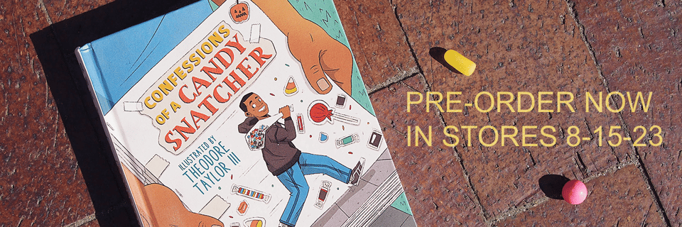 Hardcopy of Confession of a Candy Snatcher laying on brick pavers near a two pieces of dropped candy