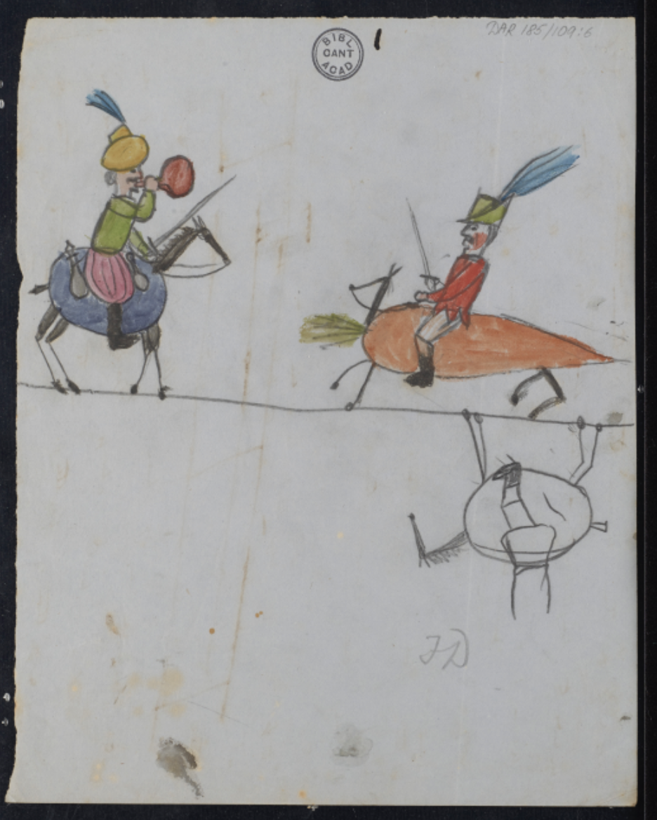 a drawing of a man riding a horse and a woman riding a horse