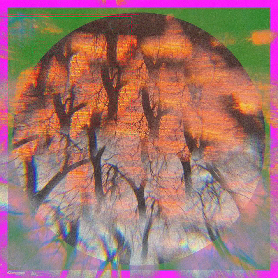 album art for "some fantastic proportion" - a fiery Hudson Valley sunrise shot through a prism with a bright pink border