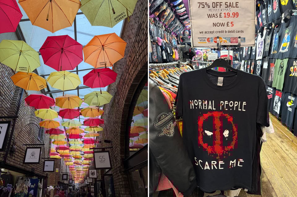 Two photos side by side. The left photo shows colorful umbrellas covering an alleyway - looking up at them from underneath. The right photo shows a t-shirt store with a t-shirt that says "Normal People Scare me" with a mask of a red outline with white eyes.