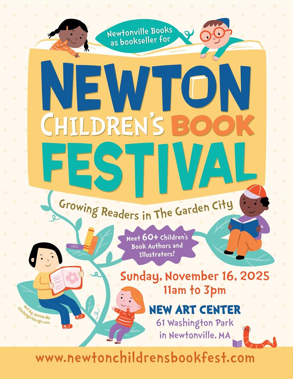 flyer for children's book festival event in newton MA on Sunday November 16 from 11 to 3 pm
