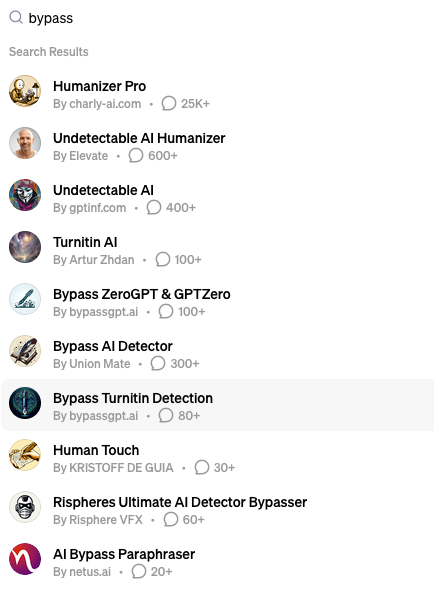 search results from GPT store, showing GPTs like "Bypass AI Detector" and "Bypass Turnitin Detection"
