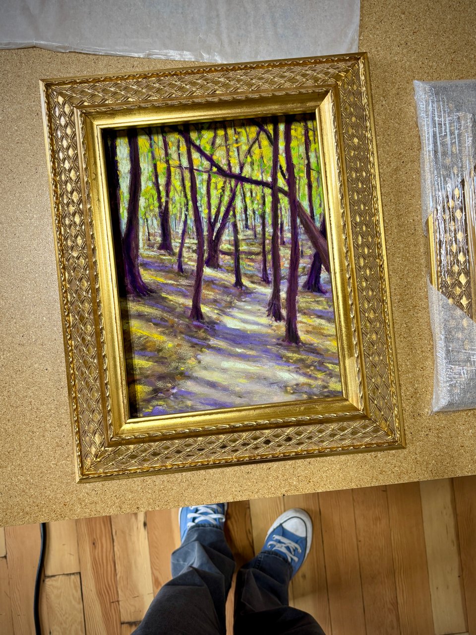an image of a pastel painting on a table with a gold frame