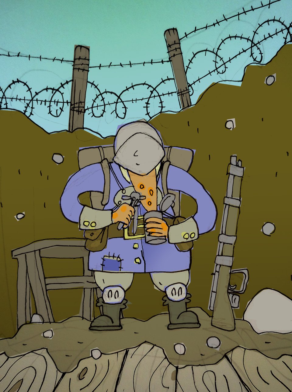 an anteater in world war 1 dress, eating out of a can
