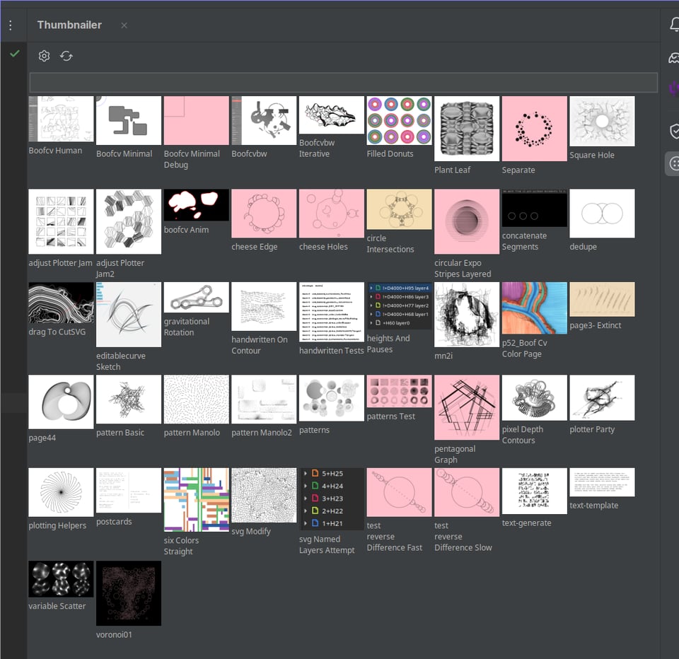 A screenshot of my Thumbnailer plugin, showing 47 thumbnails in 9 columns. Each one has a file name below it. Many are black ink on white background, some have pink background, sepia or black.