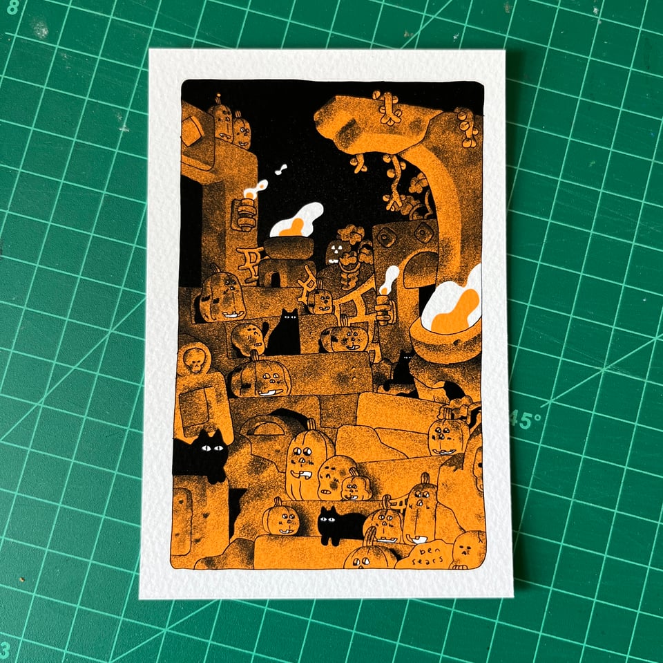 A nighttime scene of a cemetary. There are candles/torches burning, as well as some lit jack o lanterns. A few black cats are lazily strewn about the steps.