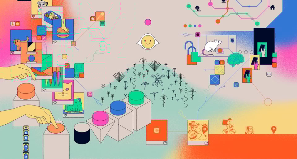 A riotous, psychedelic blend of colours and shapes, centered around a small abstract garden of shapes, and with images of digital life including social media feeds, network graphs and navigation pins.