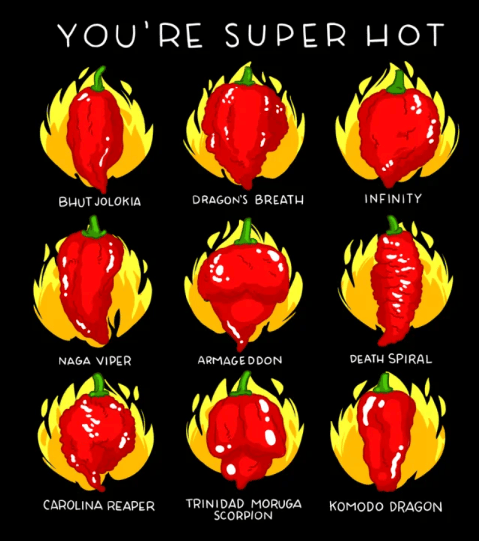 a drawing of 9 super hot peppers on a black background, with the title "You're Super Hot" above.