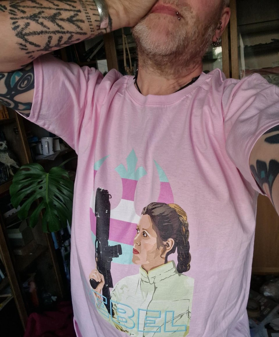 Baby pink Fruit of the Loom tee with a design featuring Princess Leia in her Cloud City outfit, holding a blaster. The Rebel Alliance flag is behind her, painted in blue, pink and white trans flag colours and the word “REBEL” is in the foregound.