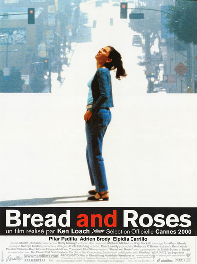 a poster for the film Bread and Roses, showing a young latina woman looking upwards at a street scene, the rest of the background is plain white.