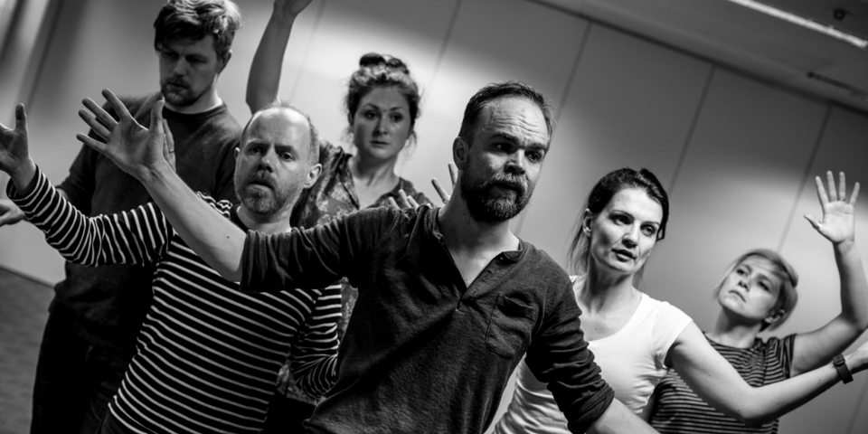 The cast of NeverFolk in the rehearsal room.