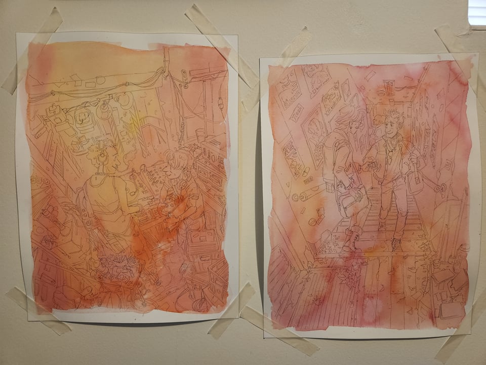A photo of two sketches for paintings taped to a wall.