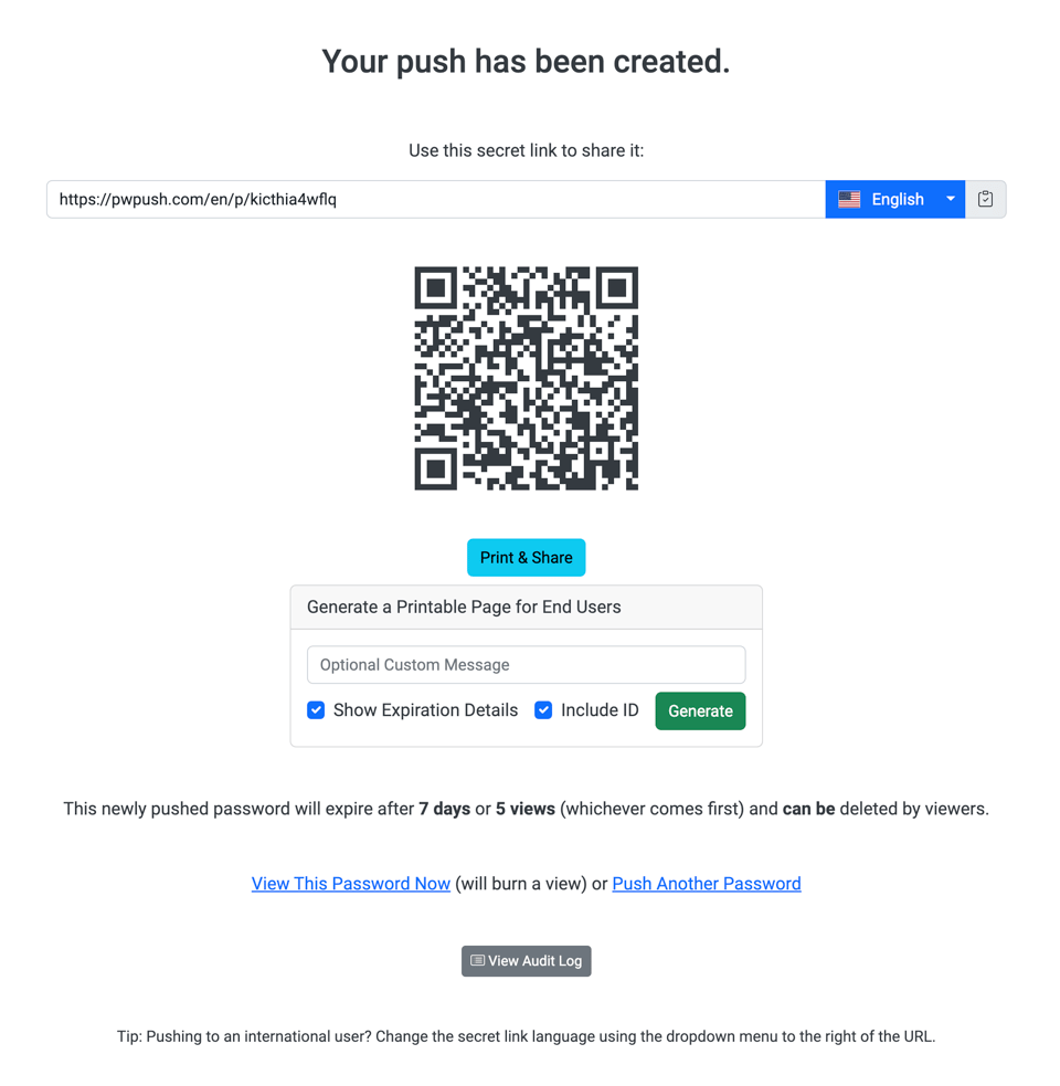 Option to print out a QR code to physically delivery a push