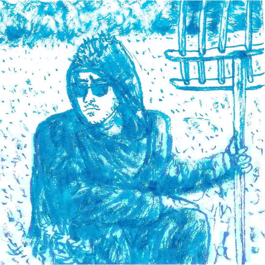 Blue ink drawing of David Rose from Schitt's Creek wearing a black fluffy hoodie and holding a rake. It's from the episode when his family found him at the Amish farm