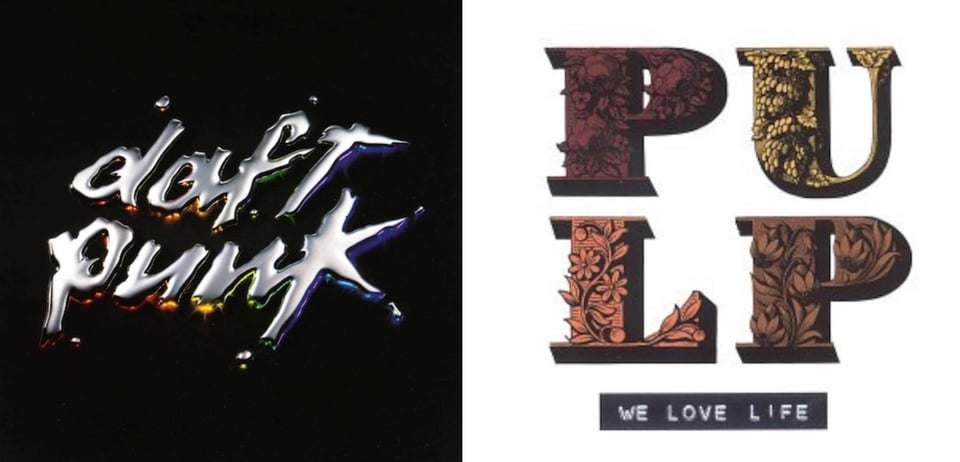 First pic: The Daft Punk logo rendered in a silver, mercury-like liquid. Underneath the letters are glowing highlights, running the rainbow from red on the left to indigo on the right. This is on a black background. Second pic: The letters P and U on top of the letters L and P. Each of the letters is illustrated with pen and ink drawings of flowers. Below that is WE LOVE LIFE written like on a label maker.