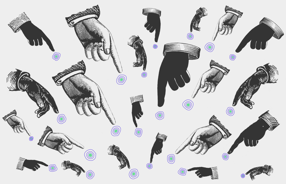 Imagem de fundo cinza com várias mãos cinza escuro apontando para uma bolinha colorida, todas as mãos apontando em direção do centro inferior da imagem