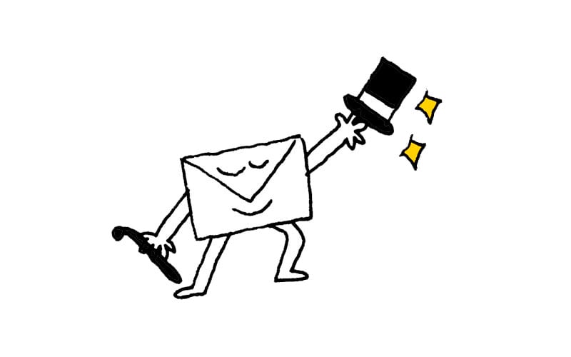 Dibujo de un sobre bailando con un sombrero de copa y un bastón en la mano.
Drawing of an envelope dancing with a top hat and a cane in its hand.