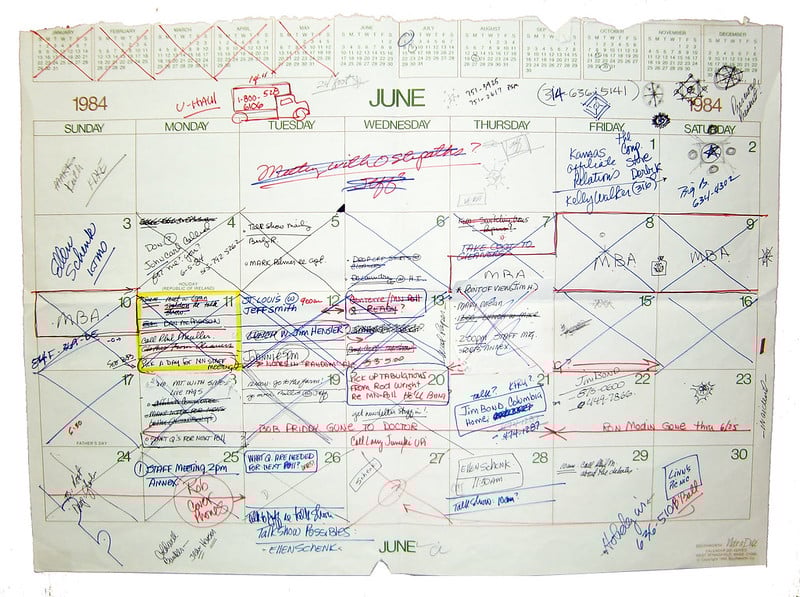 a calendar with a lot of writing on it