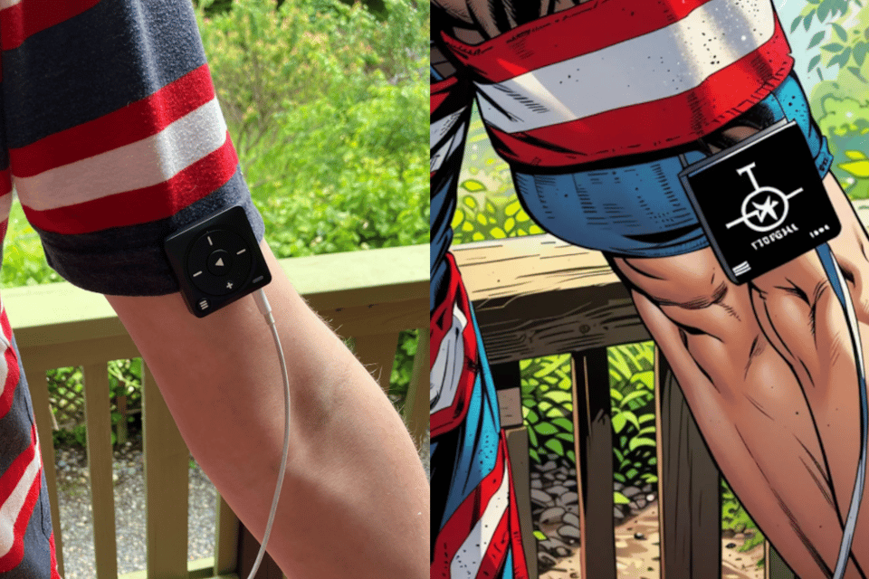 Two images. Left: my human art. Right: an AI nightmare version of said arm with horrific muscles.