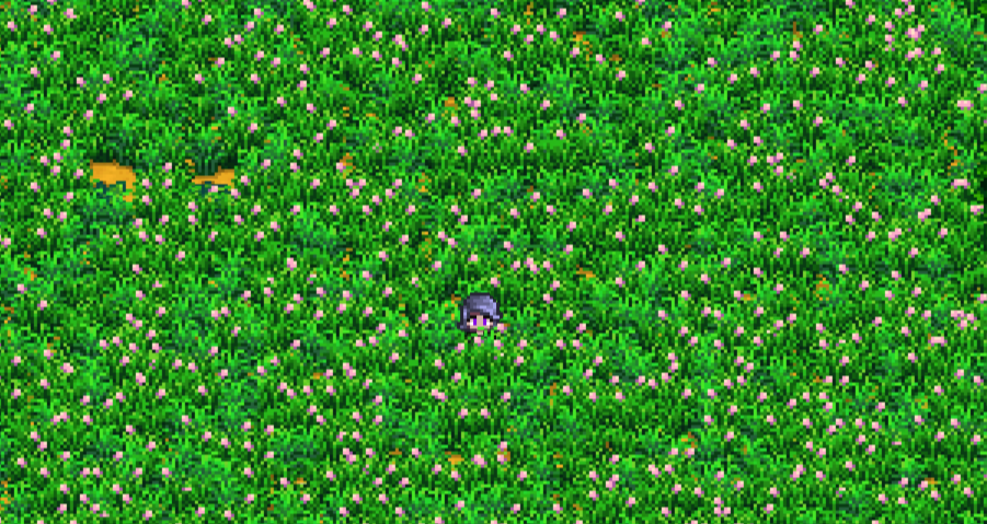 A screenshot of a Stardew Valley screen, in which a cartoon avatar that looks like me is barely visible among neck-high grasses with little pink flowers.