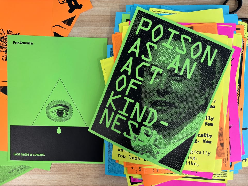 A pile of flyers laser jet printed on neon paper