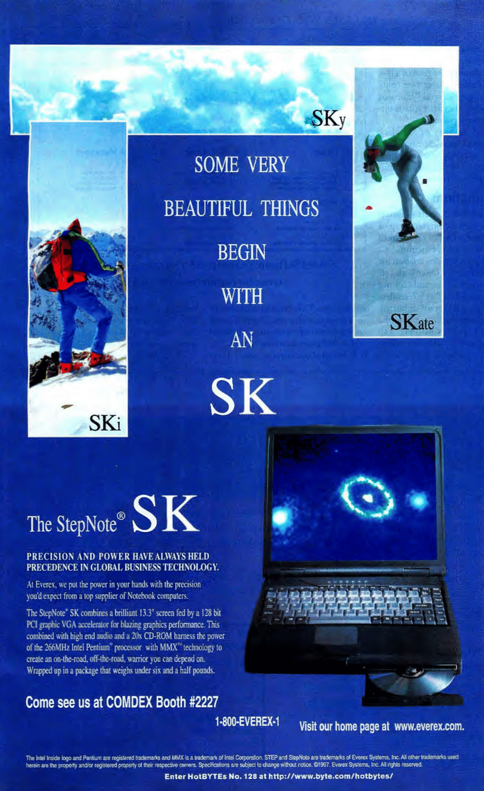 An advertisement for the StepNote SK Laptop. The headline reads "Some very beautiful things begin with an SK...Ski...Sky...Skate..."