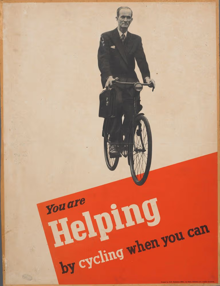 An old poster "You are helping by cycling when you can" on red with black and white photo middle aged man in suit riding bike