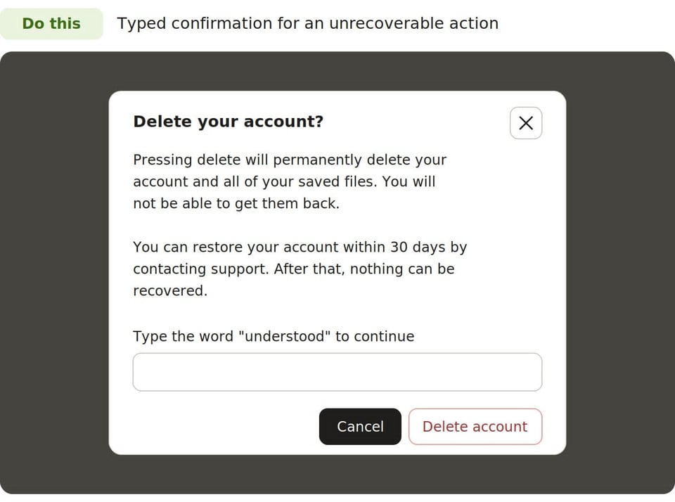 Account deletion dialog requiring the user to type "understood" before permanently deleting the account and its data.