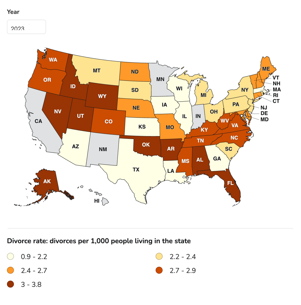 A choropleth color map displaying divorce rates by state as of 2023