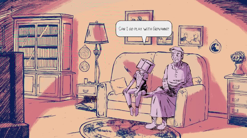 Screenshot from the game. A young kid with a cube head is sitting on a couch next to an old woman with short hair. He’s asking “Can I go play with Giovanni? They appear to be watching TV in an old people’s living room. The characters are pink on an ochre background.