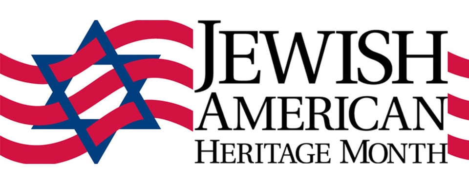 a banner that is white with a blue Jewish star that has three red stripes intersected in it and the words "Jewish American Heritage Month" in black
