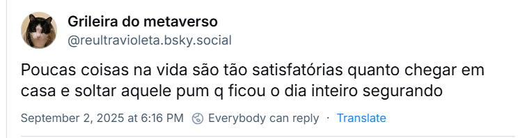 Post de Grileira do metaverso (‪@reultravioleta.bsky.social‬) com o texto: Poucas coisas na vida são tão satisfatórias quanto chegar em casa e soltar aquele pum q ficou o dia inteiro segurando