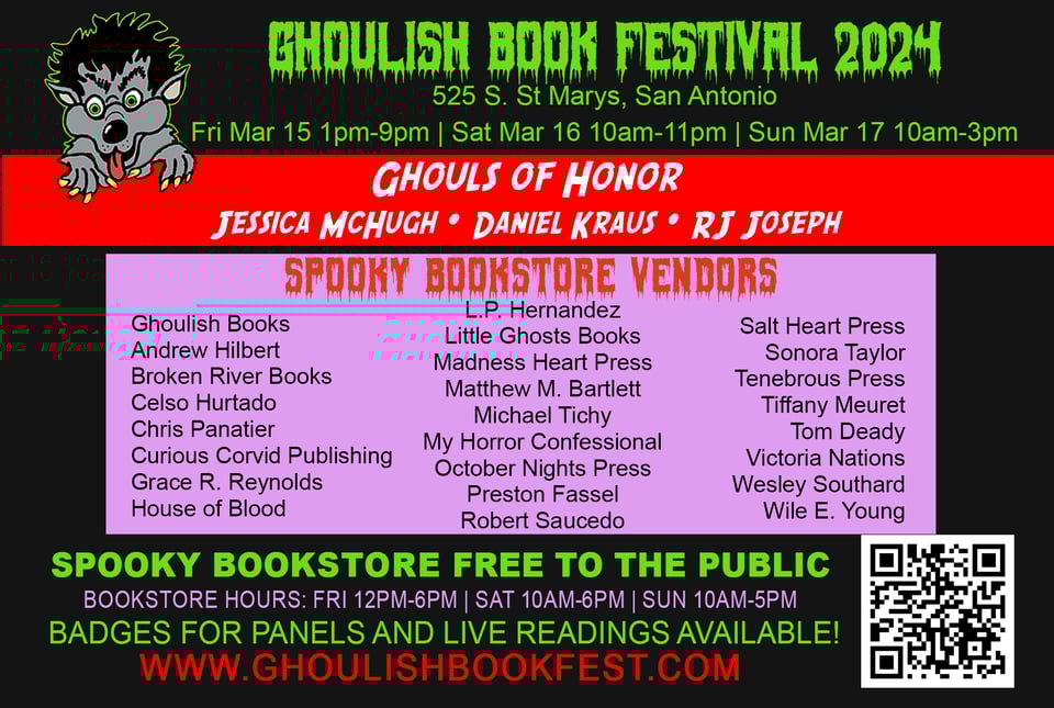 post card ad for ghoulish book festival listing all the vendors