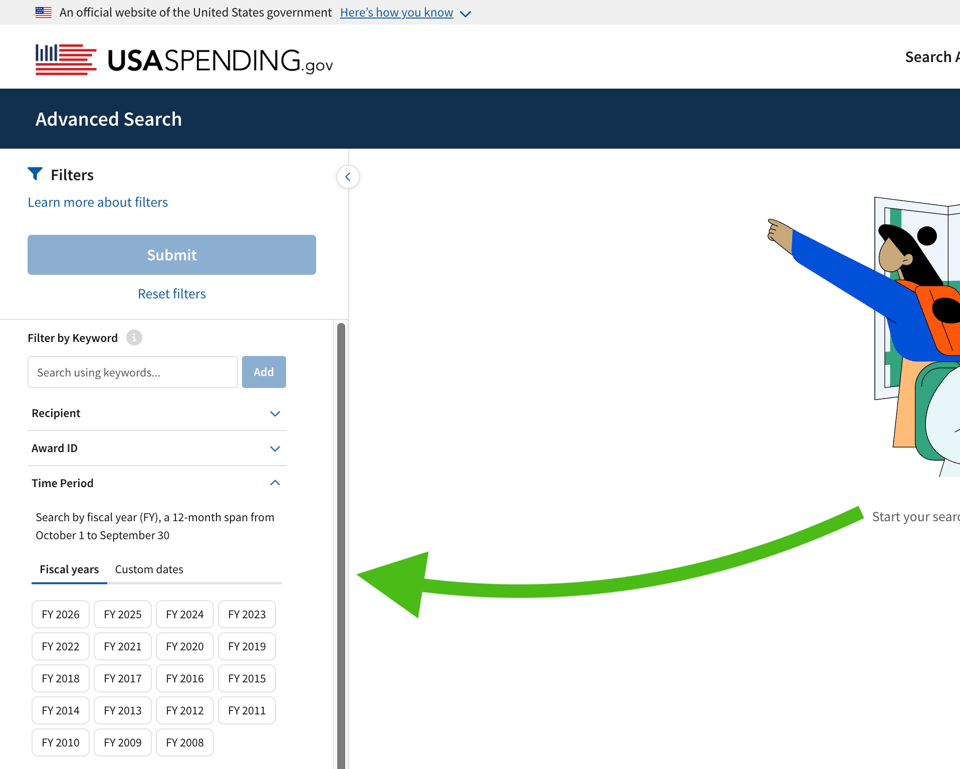 USASpending.gov search landing page with a green arrow pointing to the Time Period filters